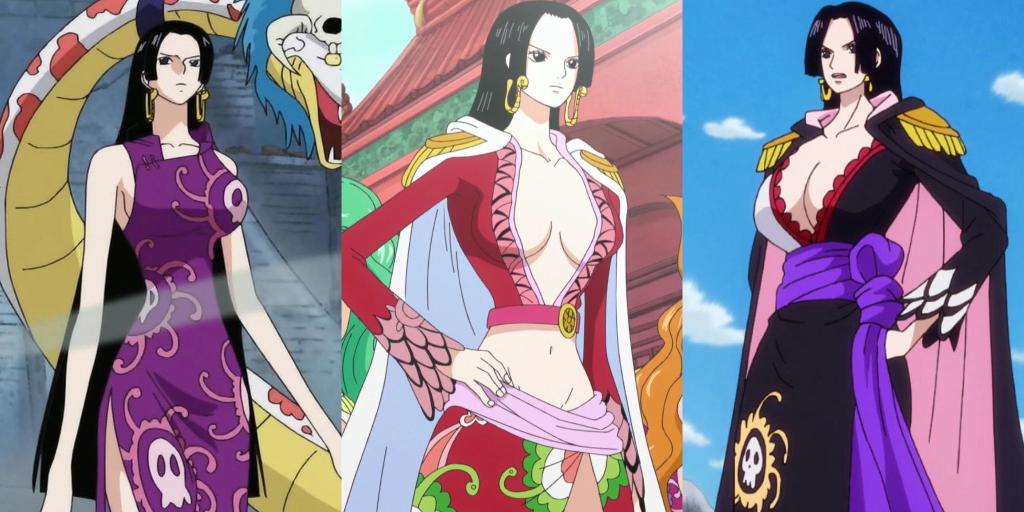 A collage of 3 of Boa Hancock's best outfits: Her War of Marineford Outfit, her Original Outfit and her One Piece: Stampede Outfit.