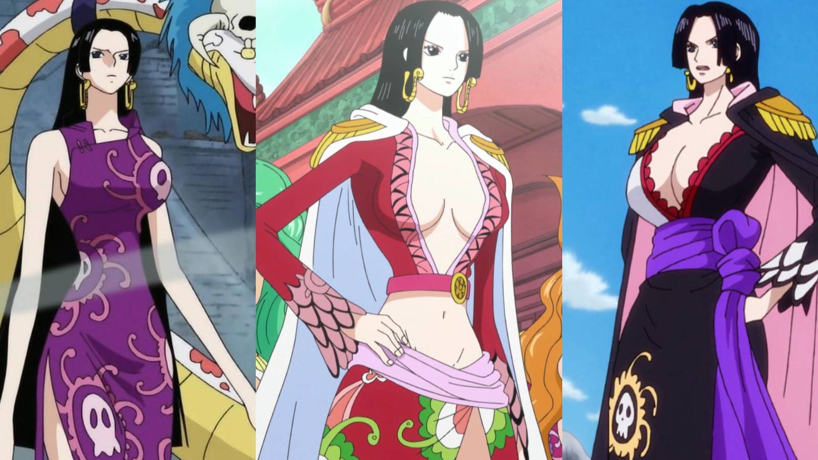A collage of 3 of Boa Hancock's best outfits: Her War of Marineford Outfit, her Original Outfit and her One Piece: Stampede Outfit.