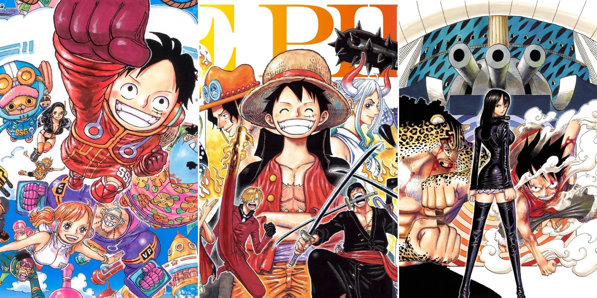 A collage with covers of Volumes from 3 of the longest arcs in the One Piece manga: The Egghead Arc, the Wano Country Arc and the Enies Lobby Arc.