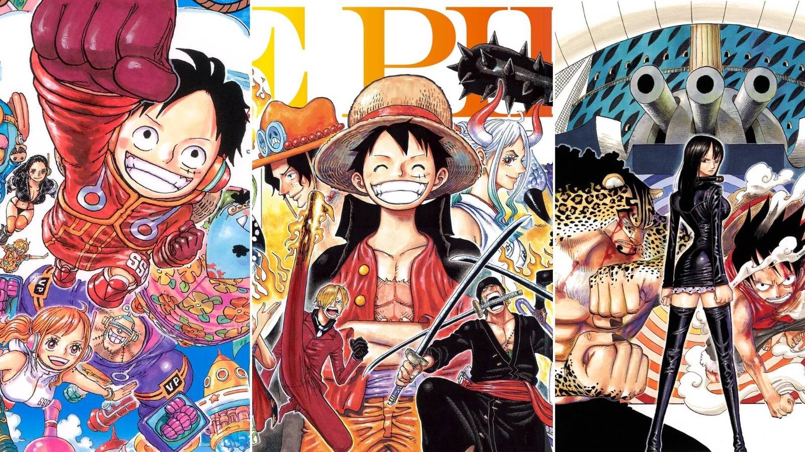 A collage with covers of Volumes from 3 of the longest arcs in the One Piece manga: The Egghead Arc, the Wano Country Arc and the Enies Lobby Arc.