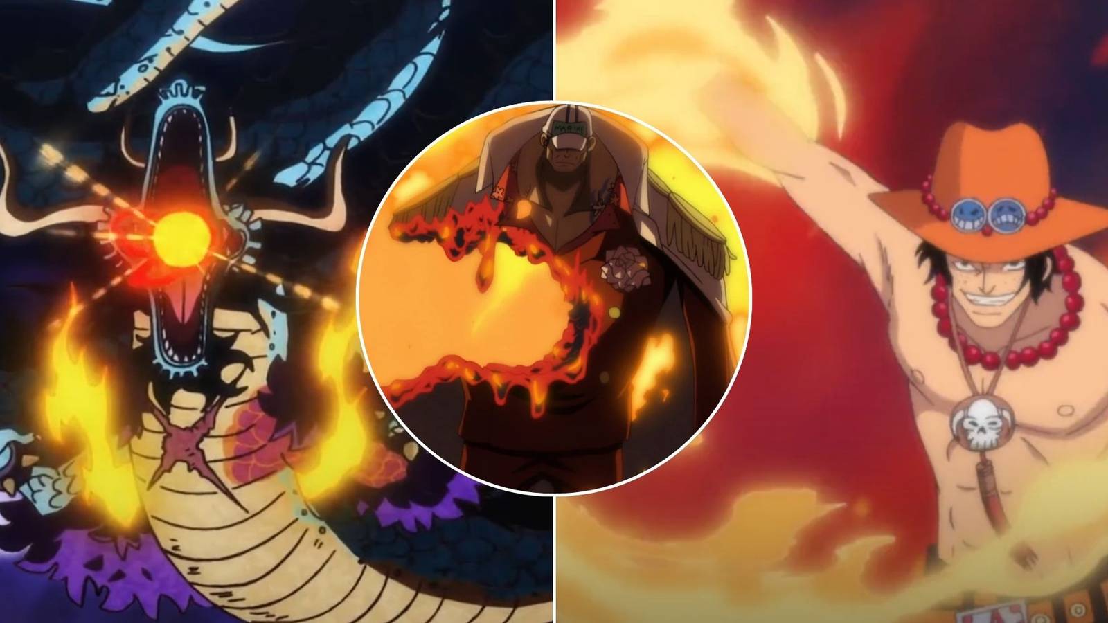 A collage of powerful fire-based devil fruits in One Piece: Kaido's Uo Uo no Mi, Model Seiryu, Ace's Mera Mera no Mi and Sakazuki's Magu Magu no Mi.