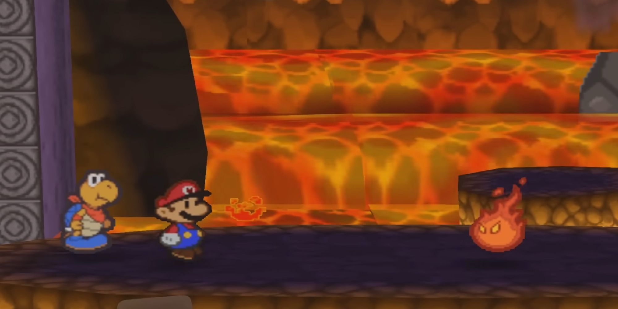 Mario and Kooper fighting an enemy in Paper Mario