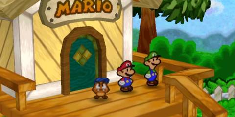 Mario, Goomba, and Luigi outside the Mario house in Paper Mario