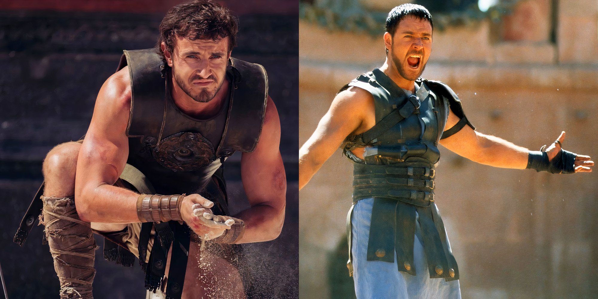 Paul Mescal as Lucius in Gladiator 2, and Russell Crowe as Maximus in Gladiator