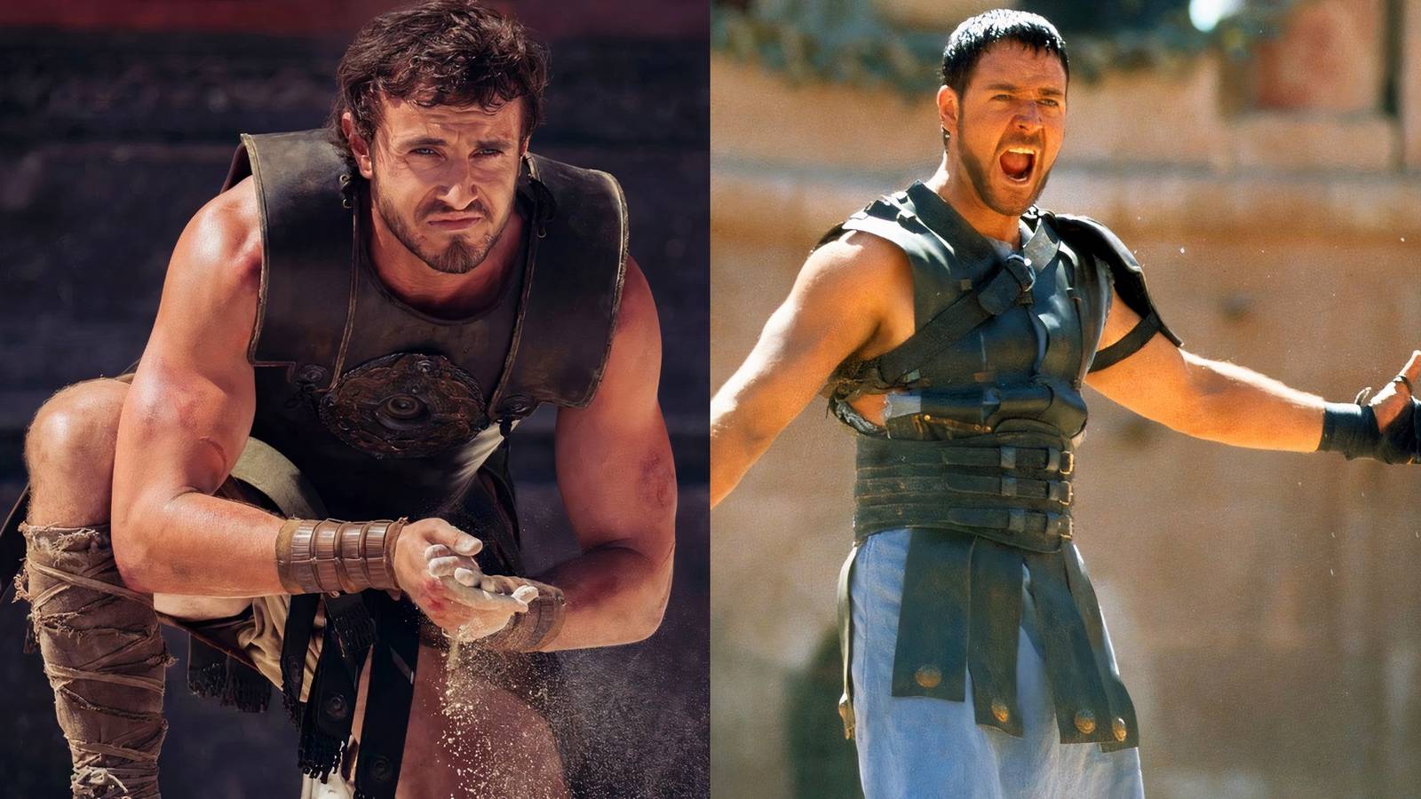 Paul Mescal as Lucius in Gladiator 2, and Russell Crowe as Maximus in Gladiator