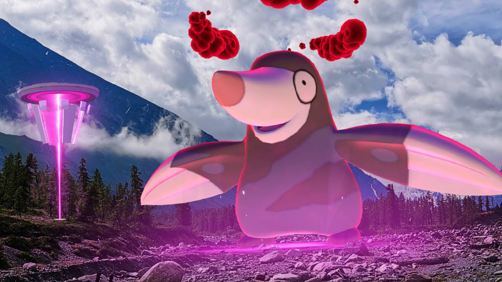 A giant Dynamax Drilbur in Pokemon GO next to a Max Raid battle stand in a forest.