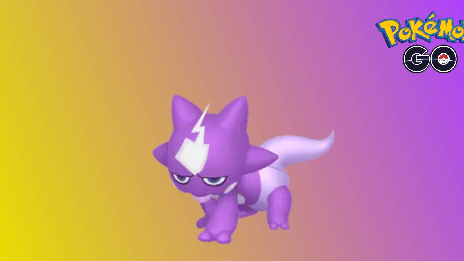 Toxel is a purple monster with spikes on its head and a lightning bolt on its forehead. Its bottom half resembles a baby wearing a diaper. It's on a yellow and purple gradient background with the Pokemon GO logo on it.