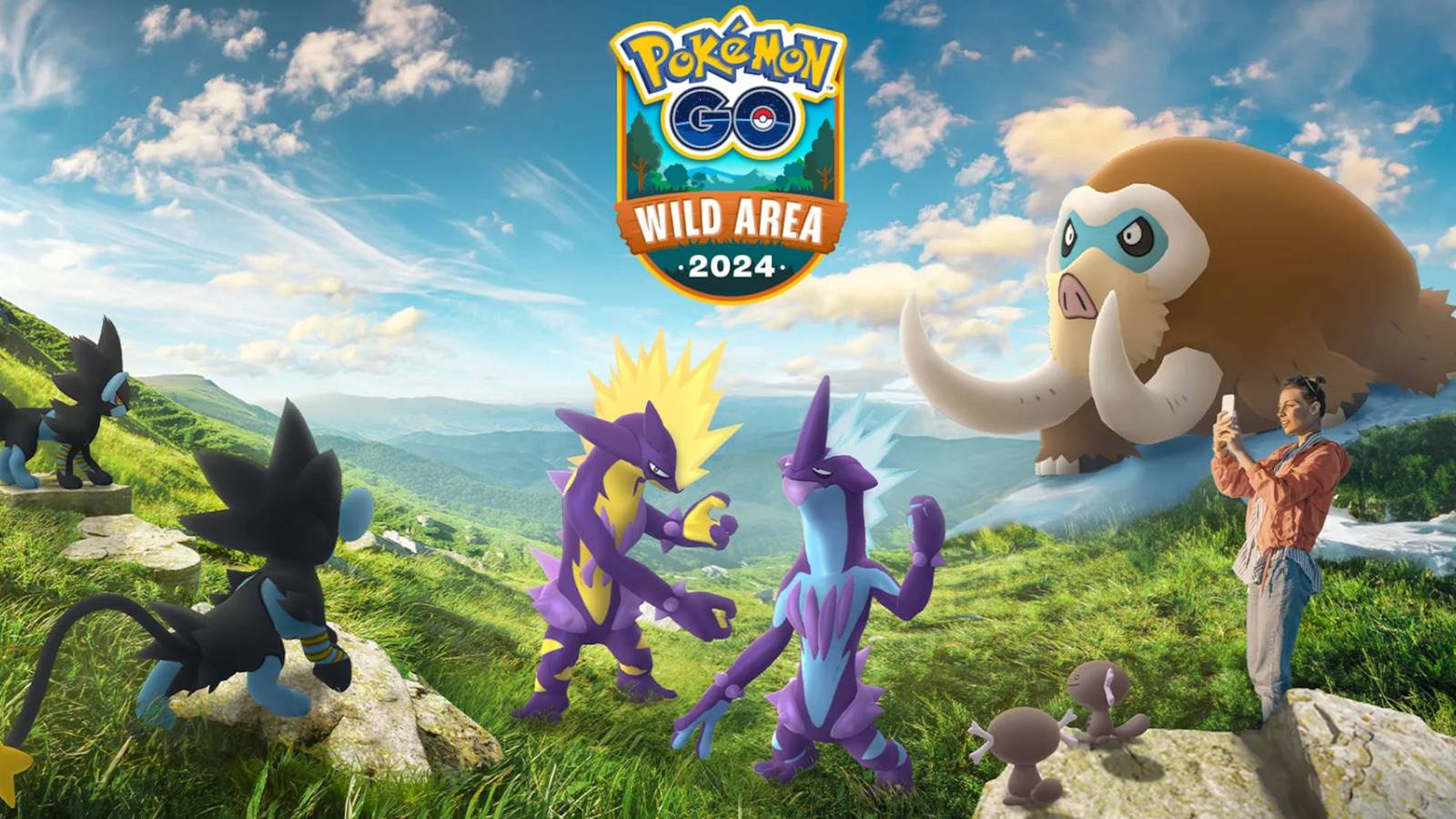 Pokemon GO Wild Area Global Timed Research - two Toxtricity, two Luxray, and plenty of others standing on a cliff looking over a valley.