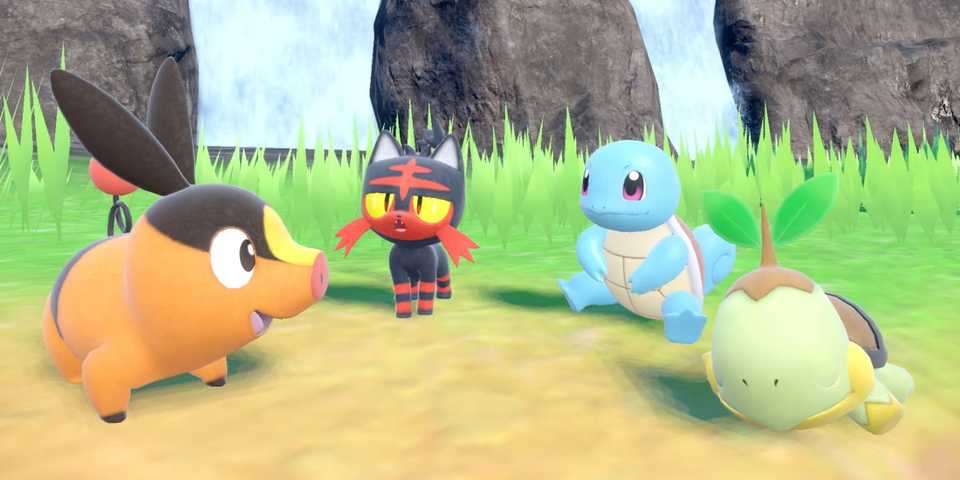 A screenshot from Pokemon Scarlet and Violet showing Tepig, Litten, Squirtle, and Turtwig.