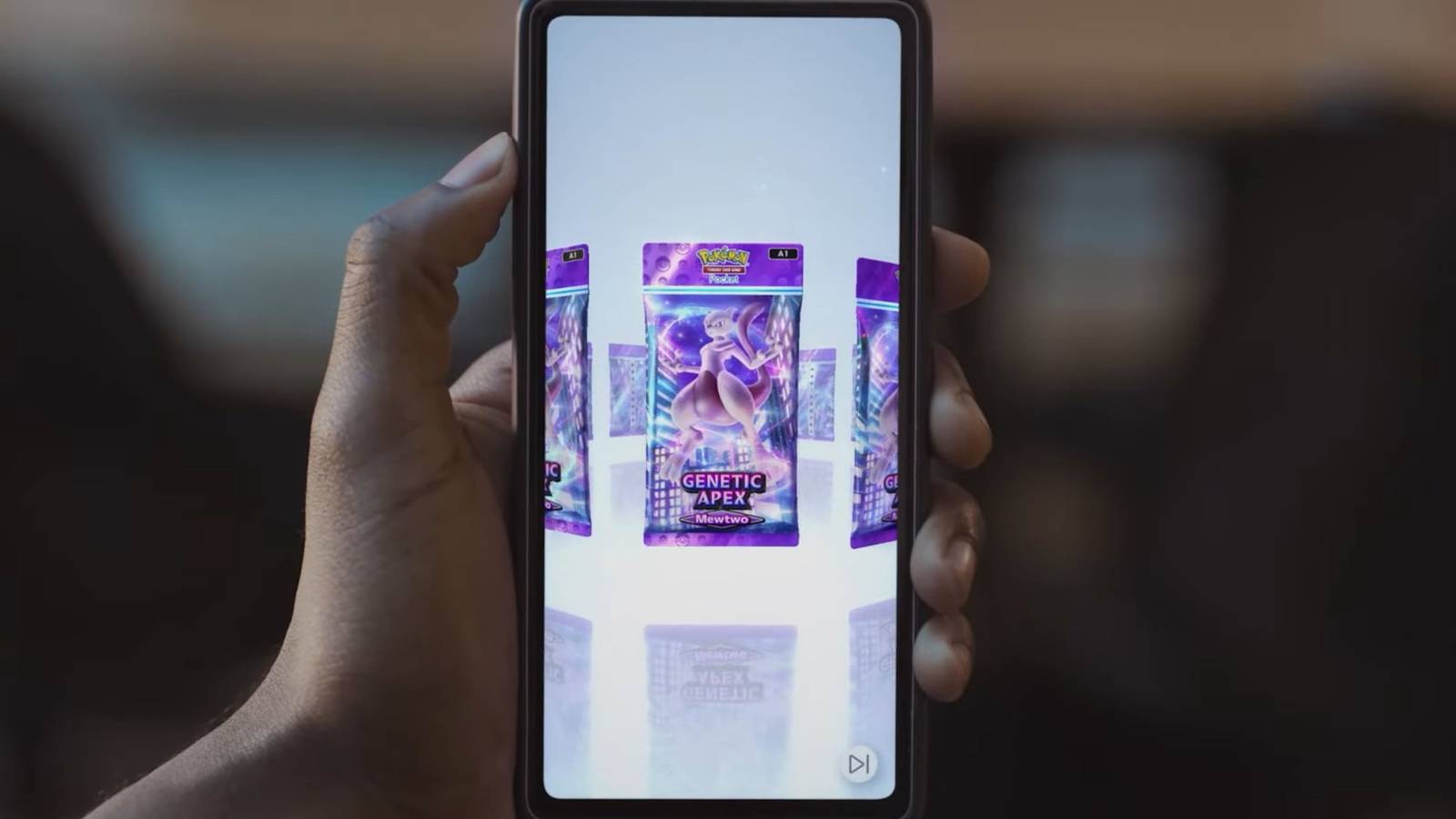 A promotional visual for Pokemon TCG Pocket showing the game running on a phone.