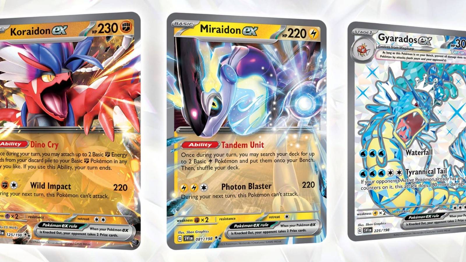 Three rare Pokemon TCG cards depicting Koraidon, Miraidon, and Gyarados.