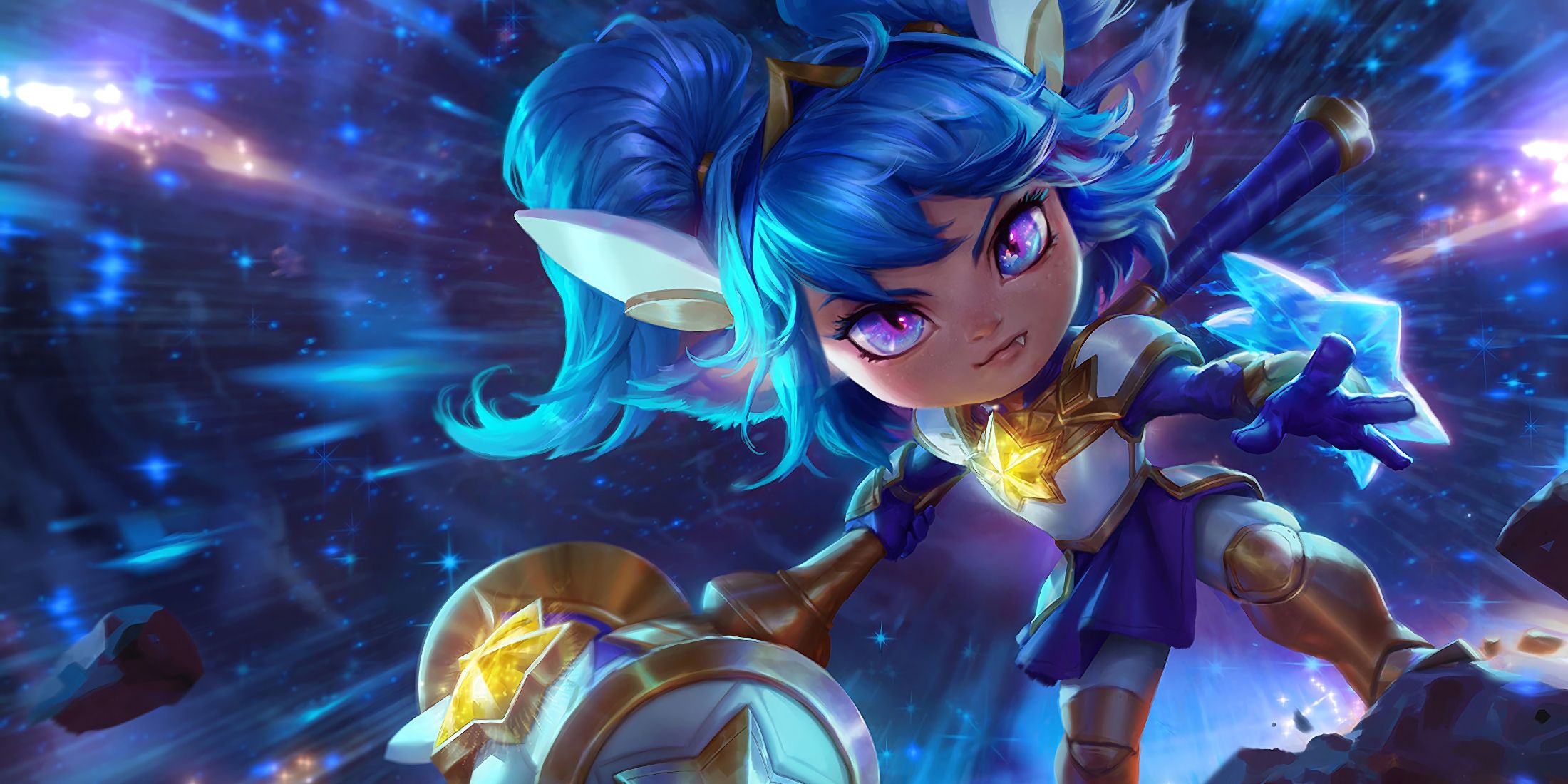 League of Legends Poppy in her Star Guardian skin, glowing with cosmic energy, ready to defend with her hammer