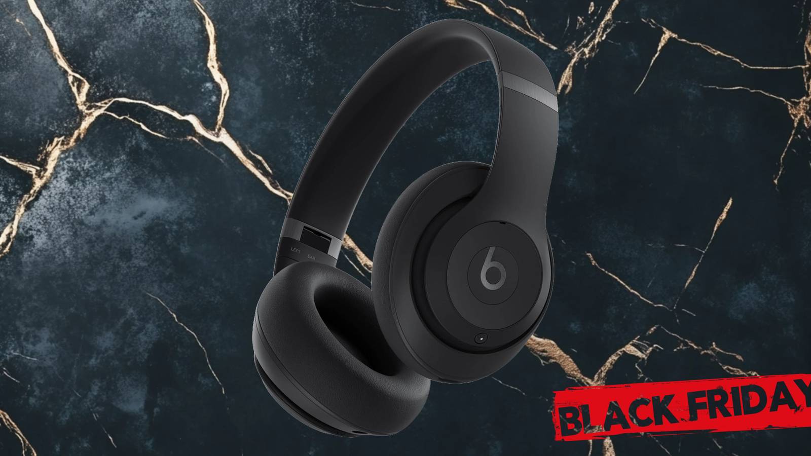 Image Of Beats Studio Pro on a black marble surface, along with the black friday tag