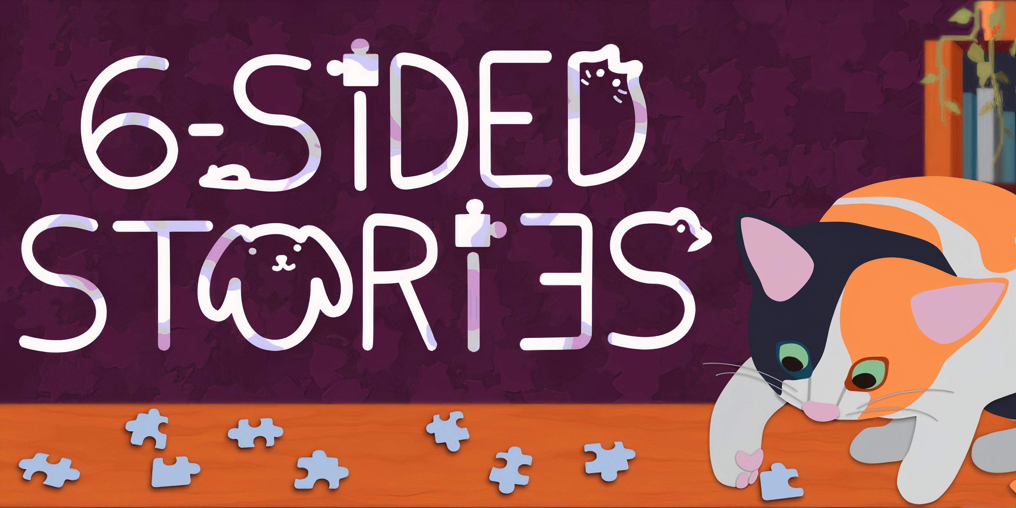 Image of a tiny animated cat pawing away at puzzle pieces, with the 6-Sided Stories Logo next to it.