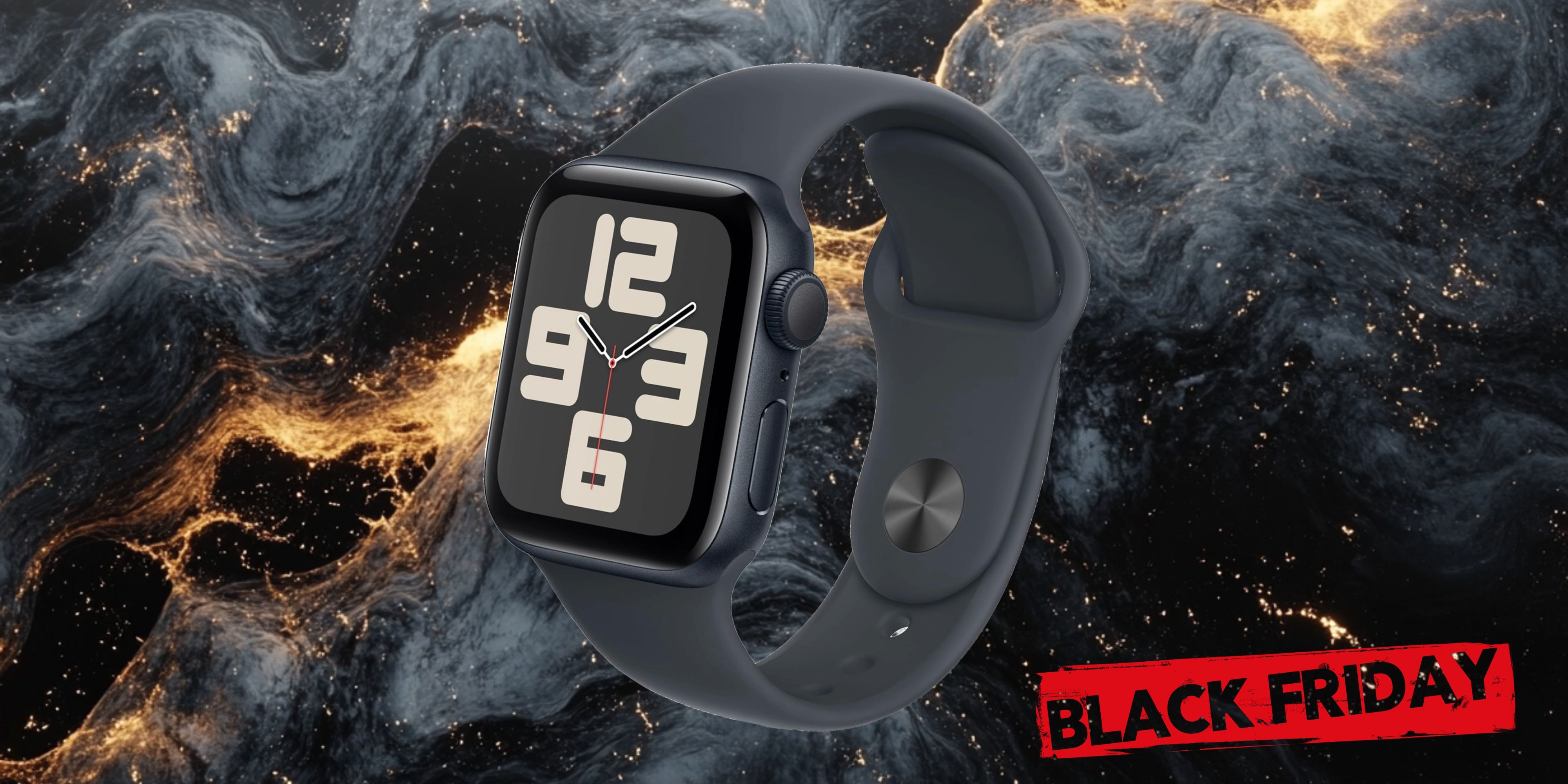 Image of an Apple Watch SE on a dark marble background with the words 'Black Friday' on it. 