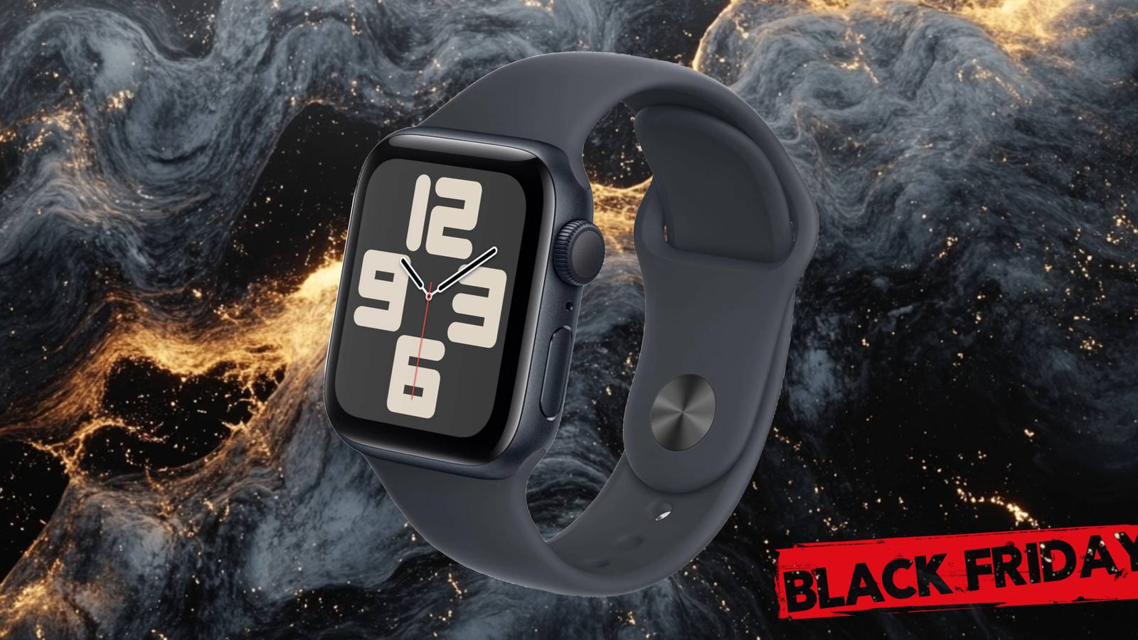 Image of an Apple Watch SE on a dark marble background with the words 'Black Friday' on it. 