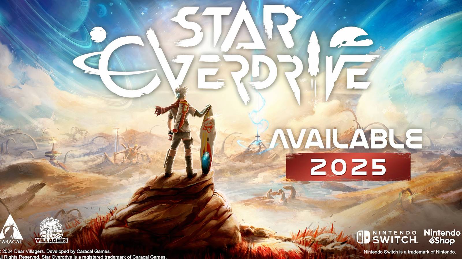 Official Image of Star Overdrive from Caracal Games. Features the protagonist overlooking a mountain range with his hoverboard.