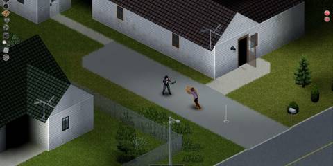 Character Next To Houses Being Chased By Zombie