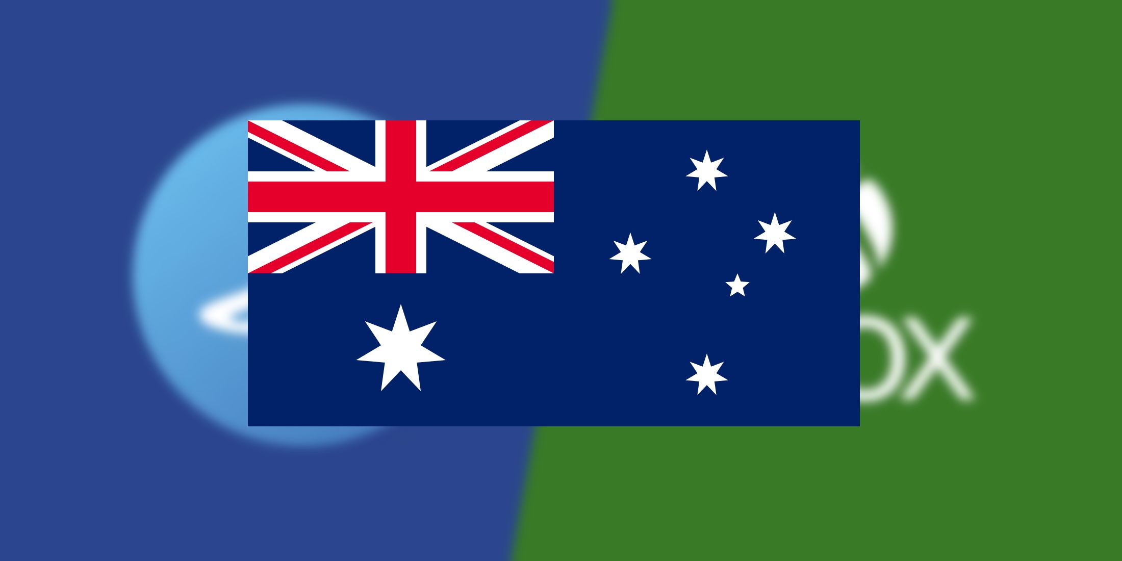 An image of the Flag of Australia set against a blurred background of the PSN and Xbox Live logos.