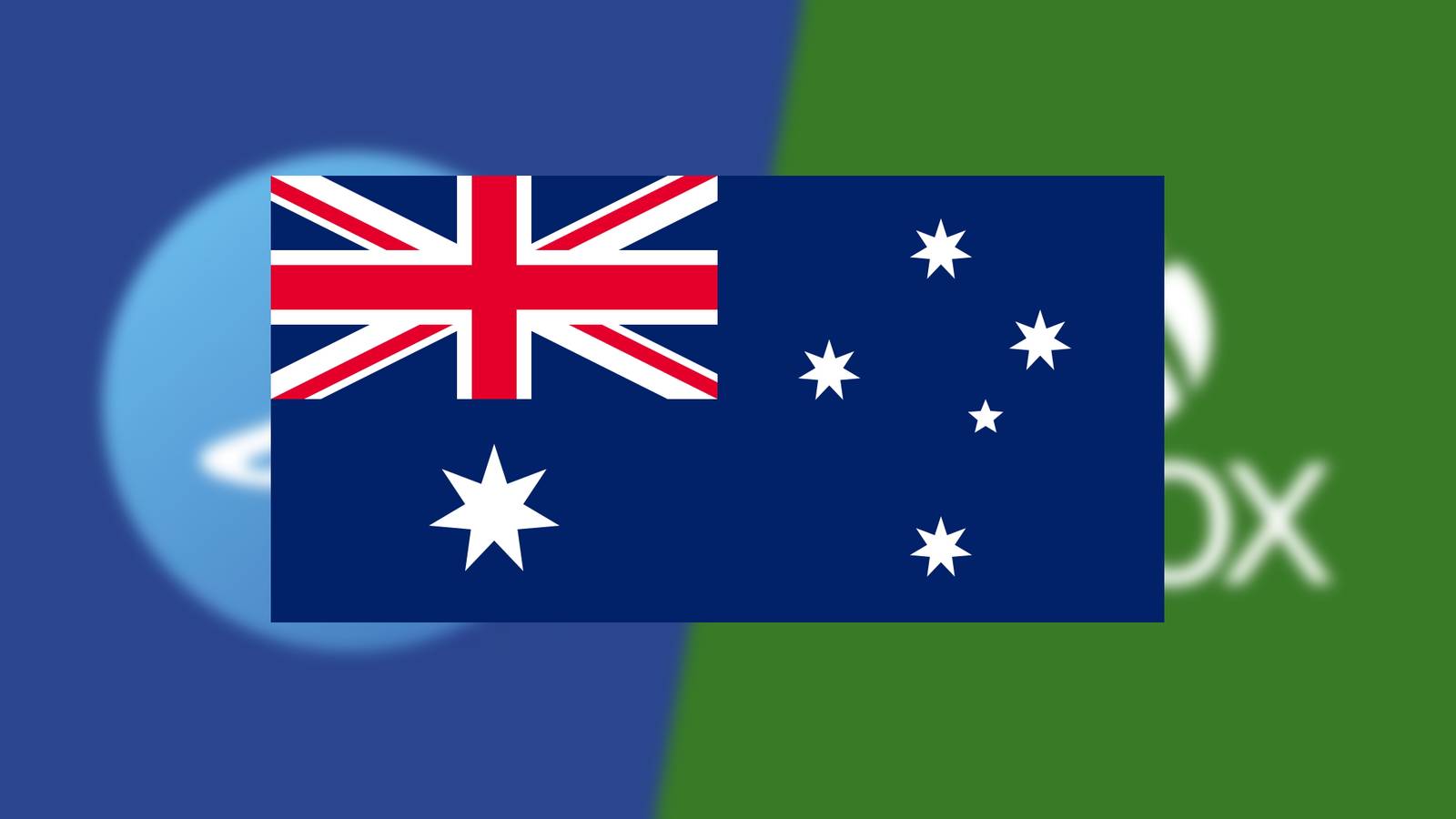 An image of the Flag of Australia set against a blurred background of the PSN and Xbox Live logos.
