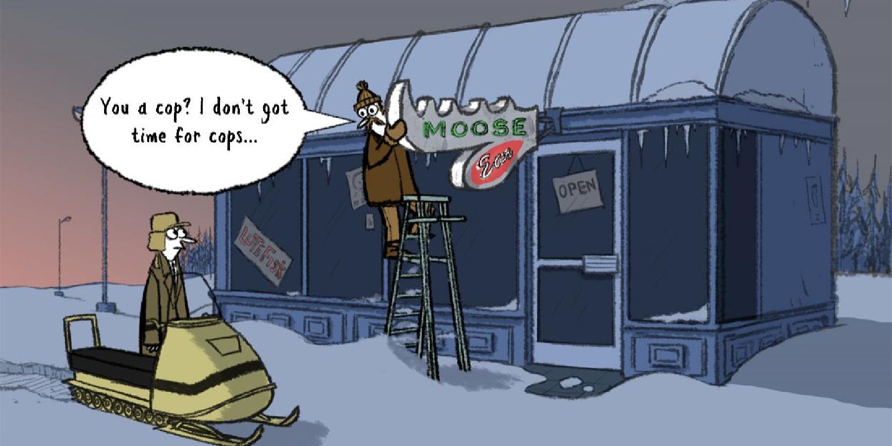 Puzzle Agent man steraling shop sign