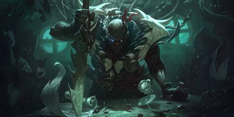 Pyke lurking underwater with deadly intent, wielding his dagger, from Bilgewater in League of Legends