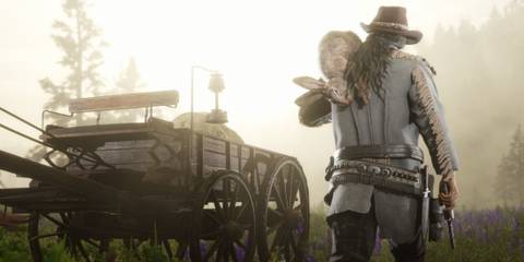 A rugged character carrying a small animal over their shoulder in Red Dead Online 