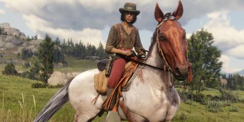 A woman in rugged Western attire sits confidently on her horse in Red Dead Online