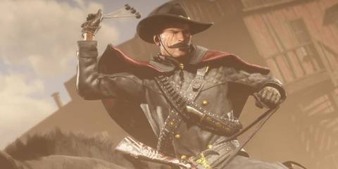 A fierce gunslinger on horseback raises his weapon in Red Dead Online