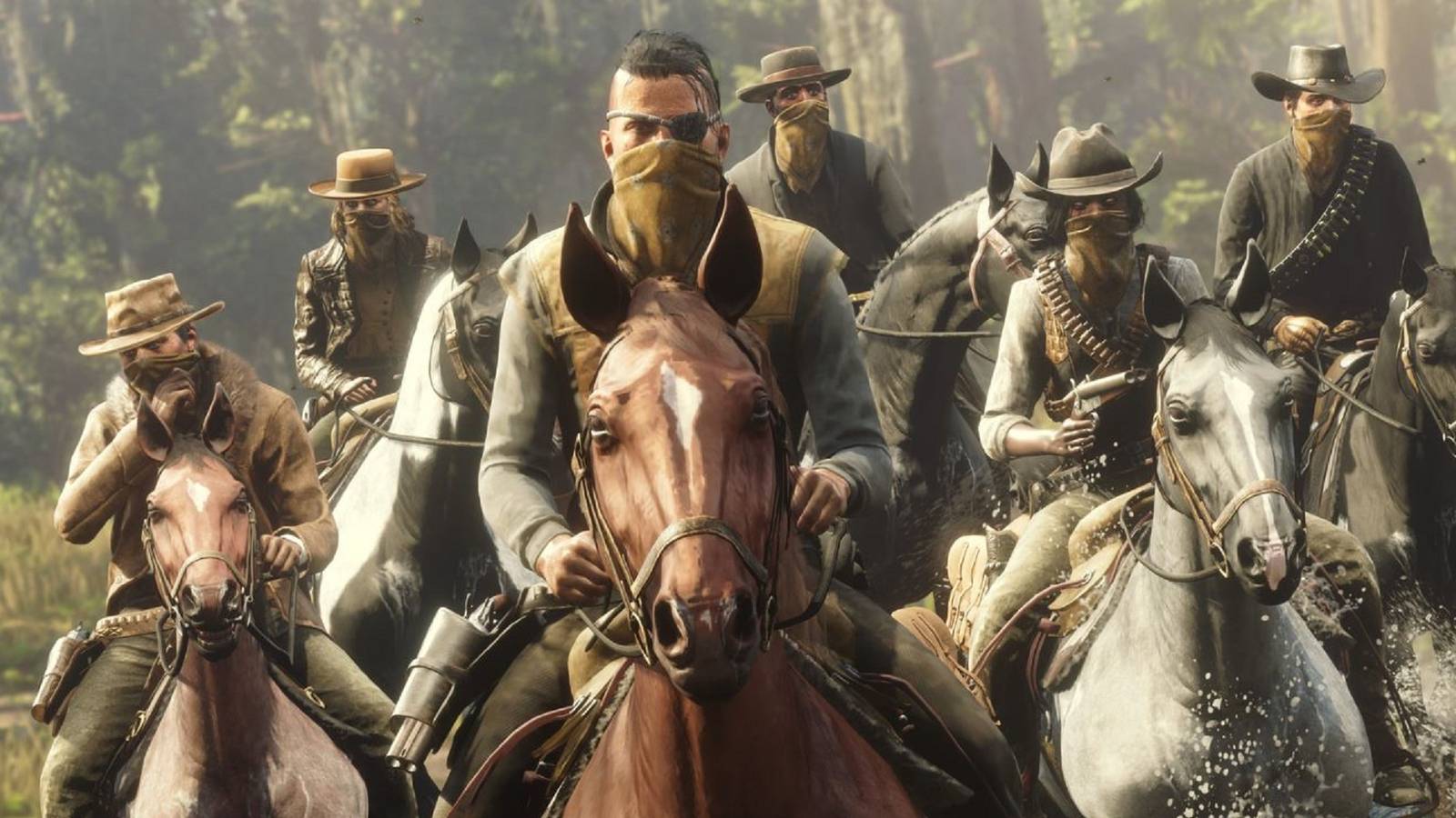 Group of masked outlaws riding horses through water in Red Dead Online