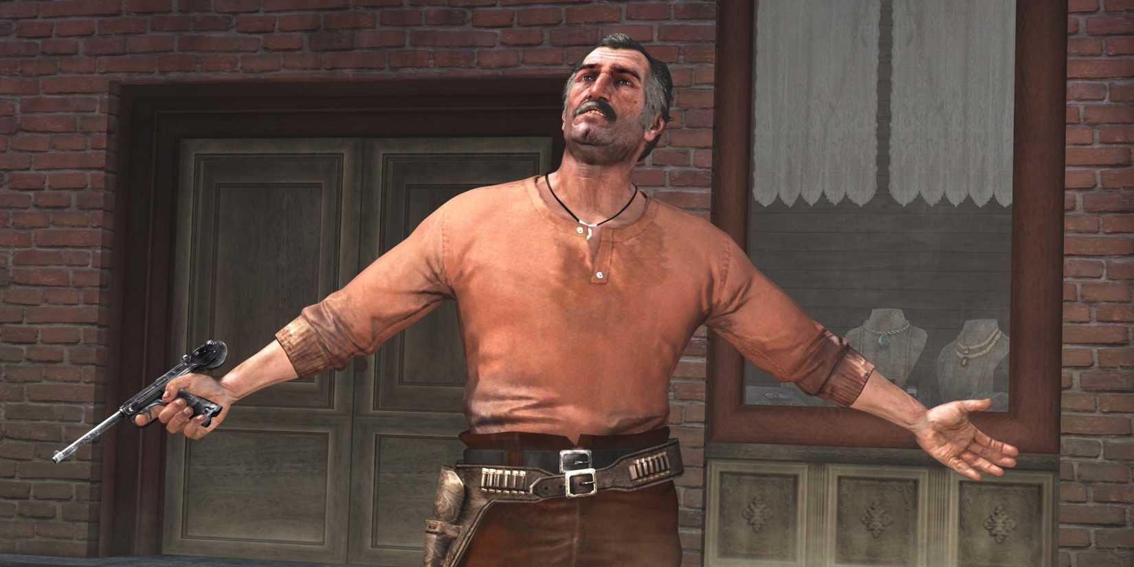 Dutch with his arms spread out in Red Dead Redemption