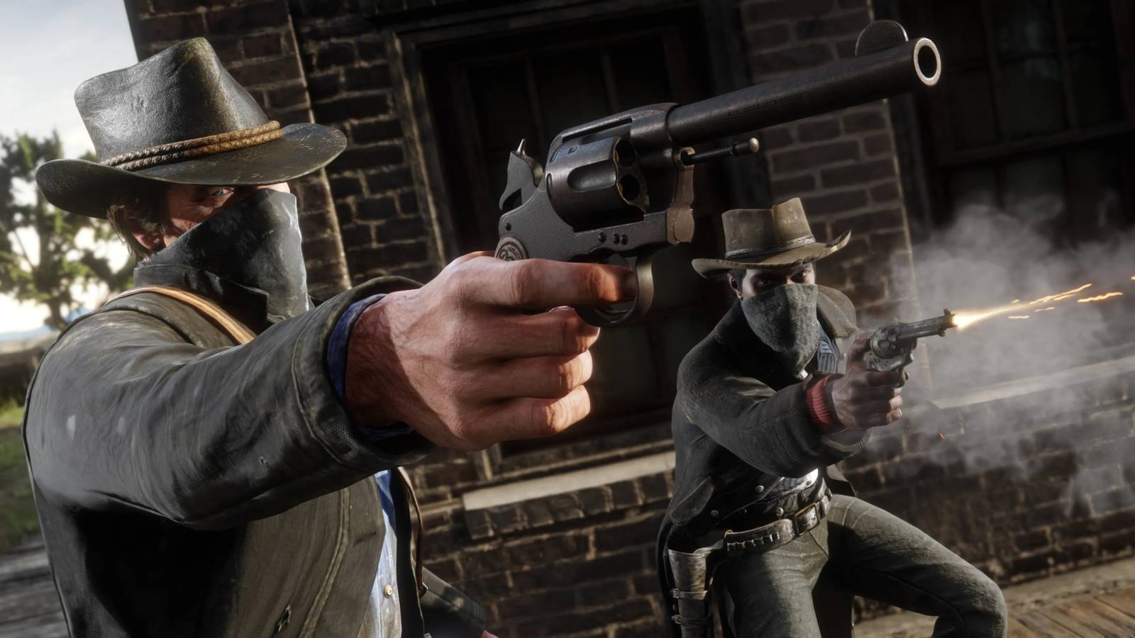 Arthur and Lenny shooting with bandanas covering their faces in Red Dead Redemption