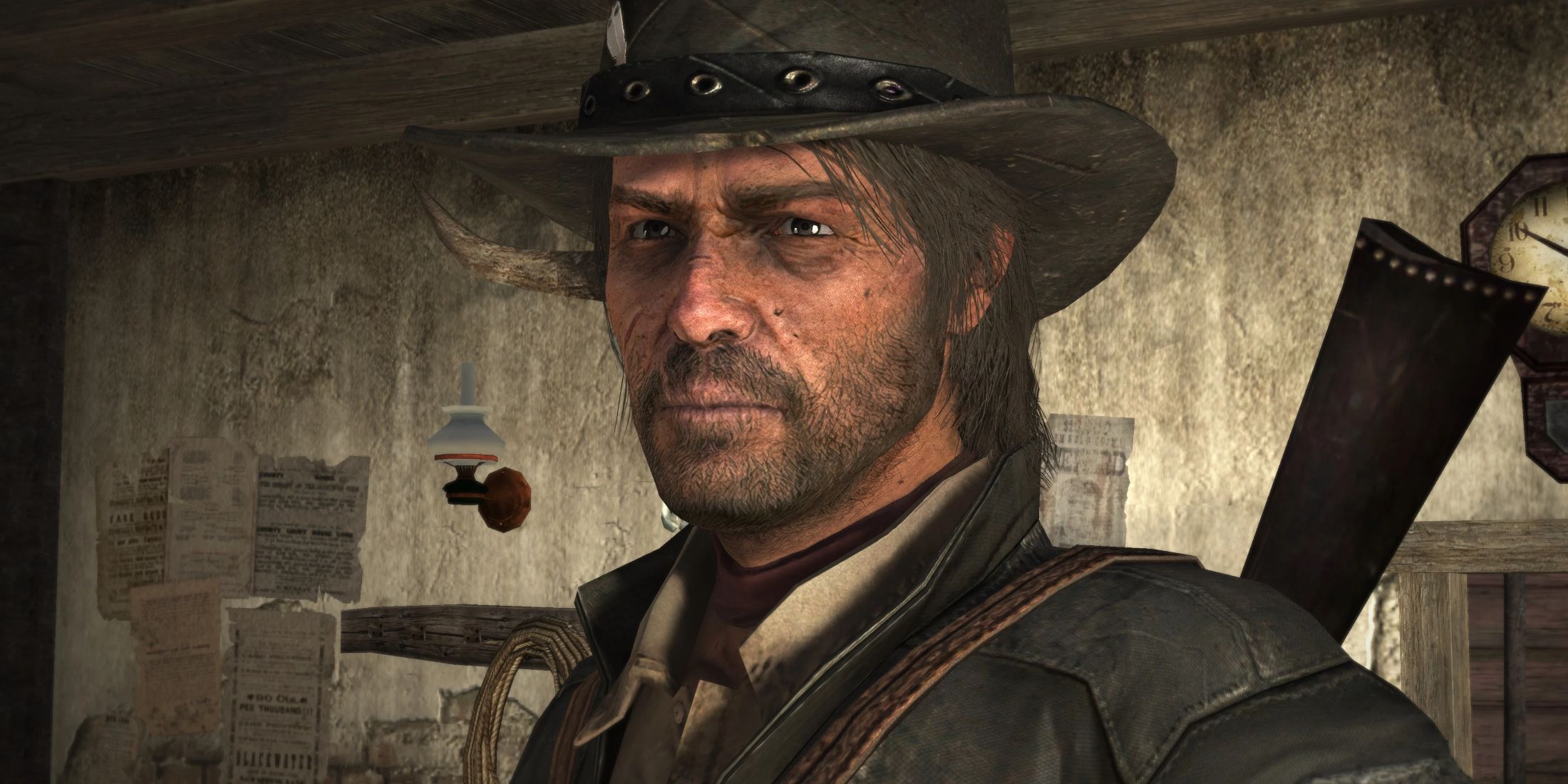 A close-up of John Marston in Red Dead Redemption