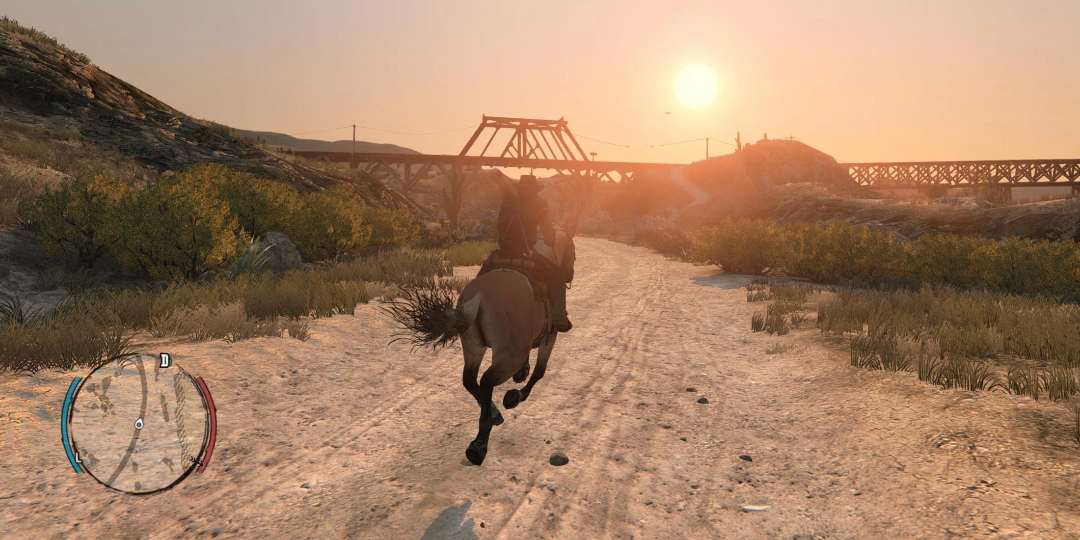 John Marston riding his horse through a desert in Red Dead Redemption