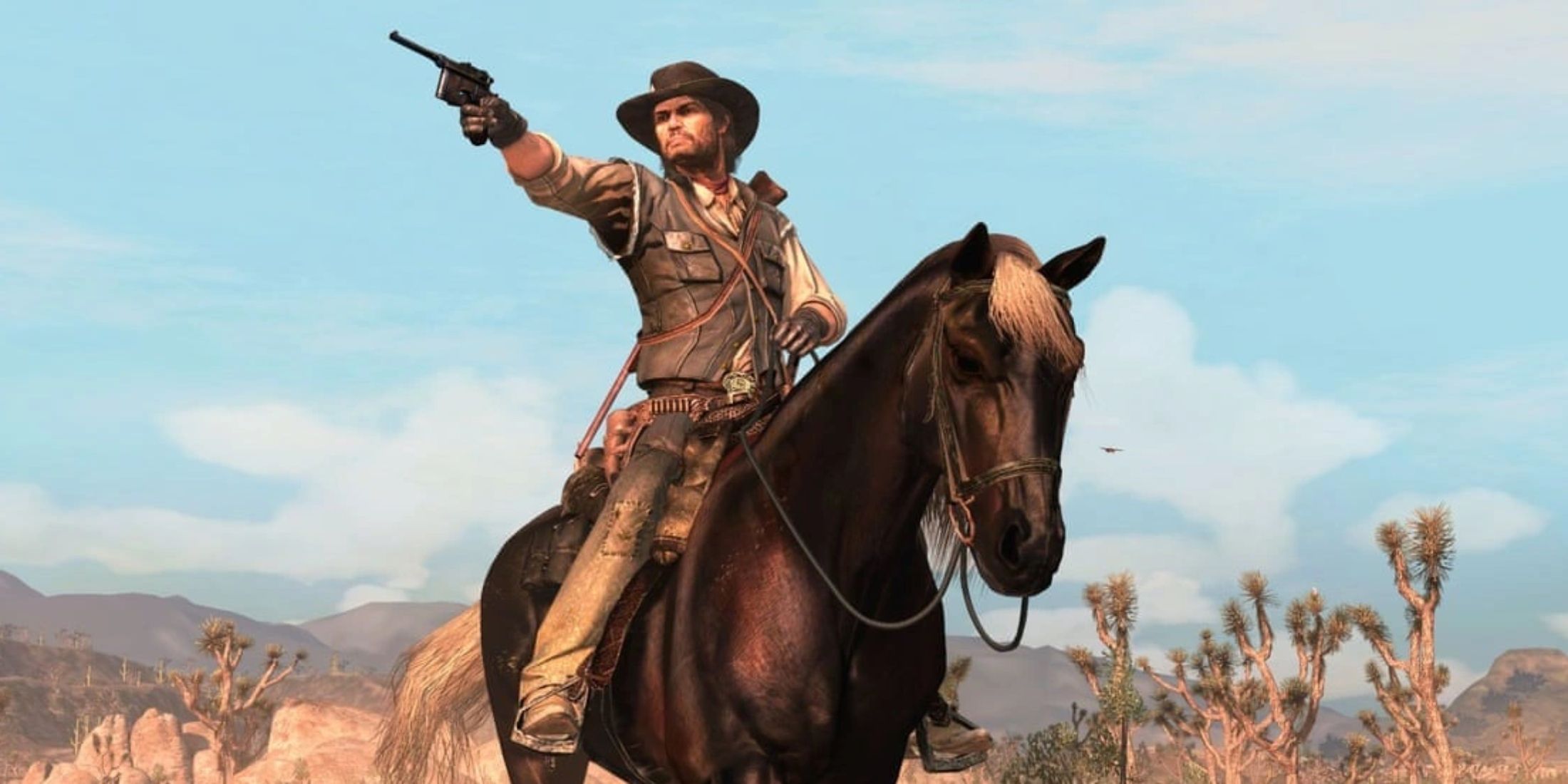 John Marston sitting on his horse and aiming his gun in Red Dead Redemption