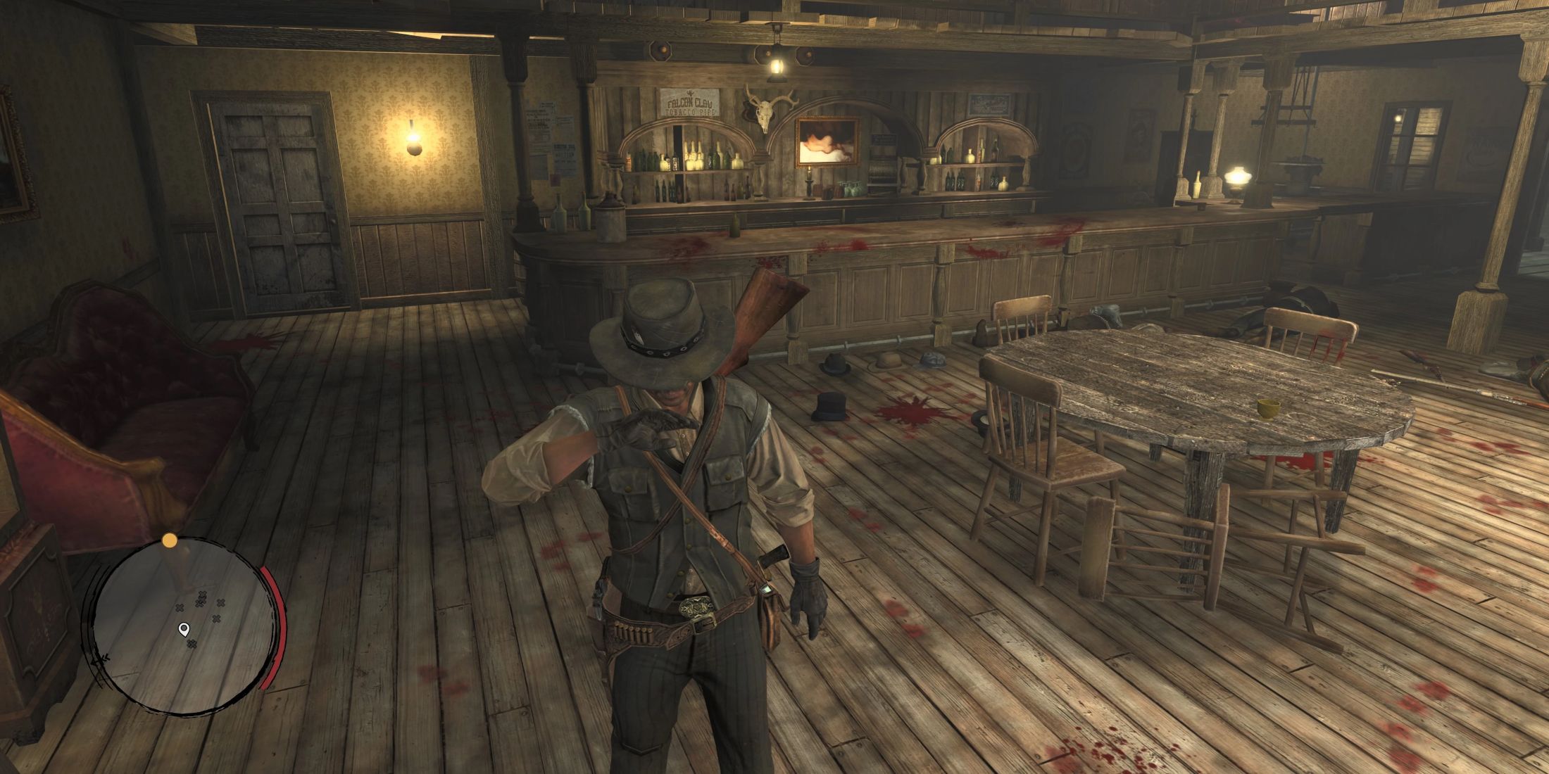 John Marston standing in the middle of a bar after a fight in Red Dead Redemption