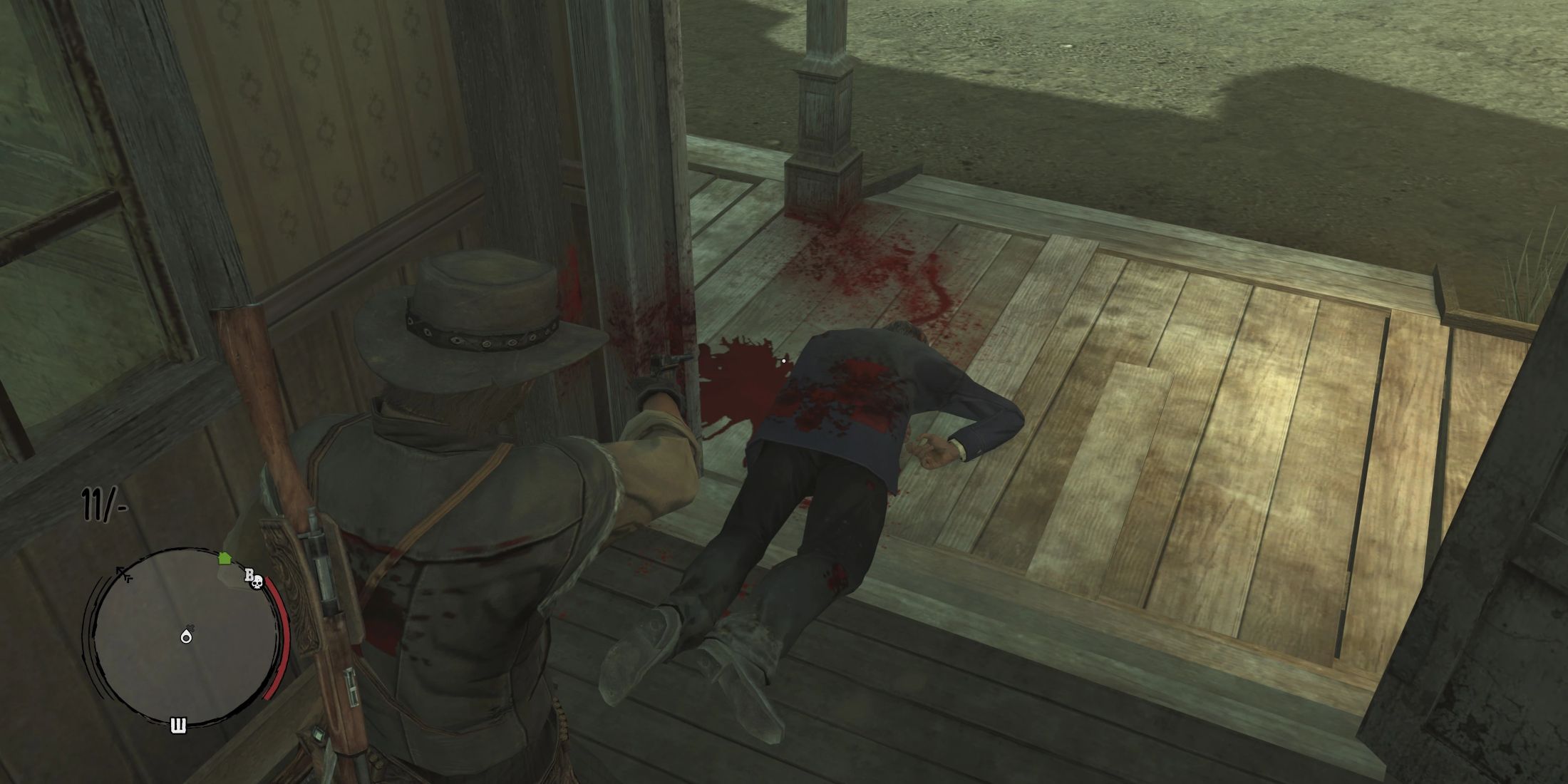 John Marston shooting an NPC in the head in Red Dead Redemption