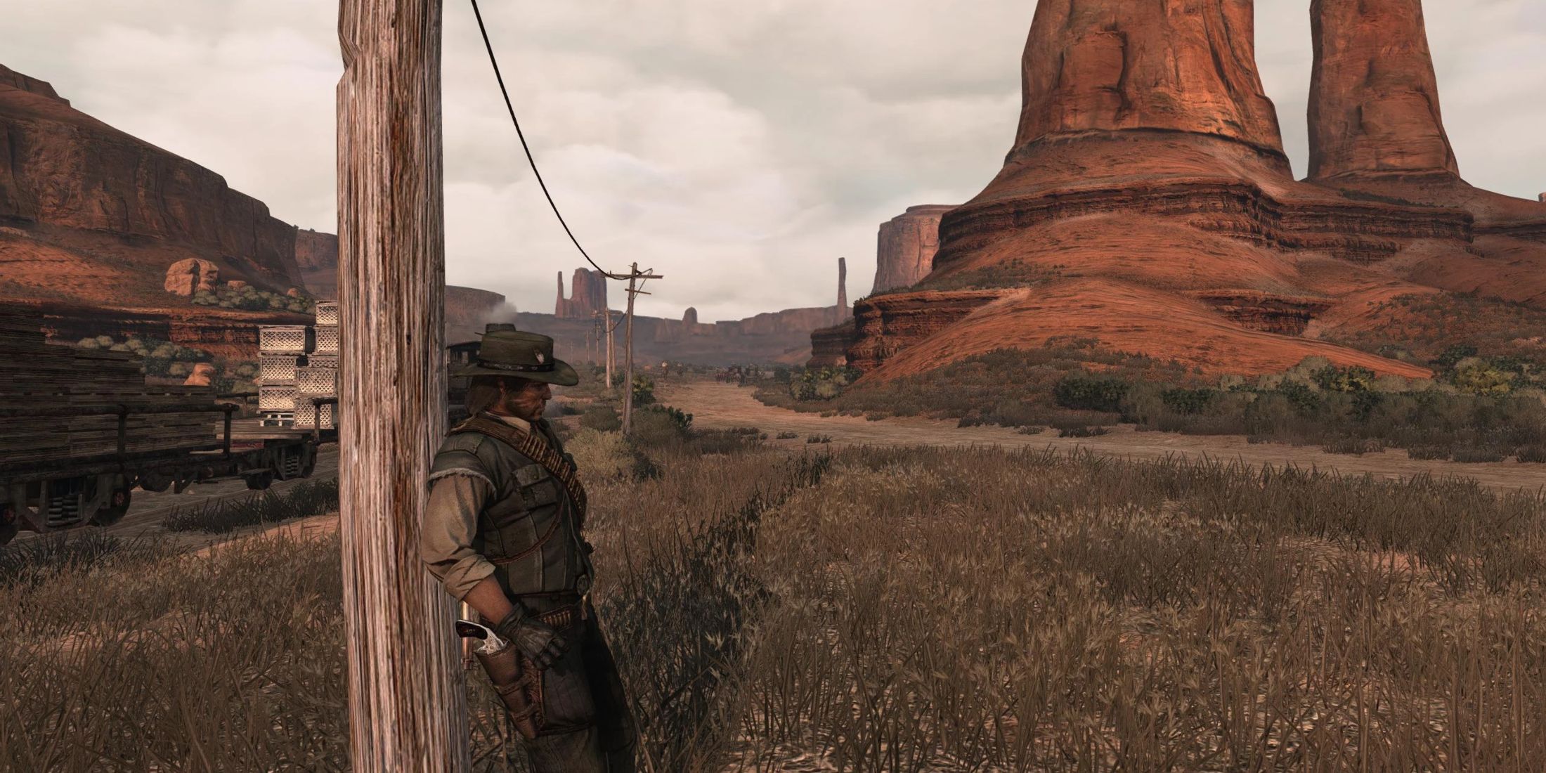 John Marston leaning against a telephone pole overlooking a rocky landscape in Red Dead Redemption