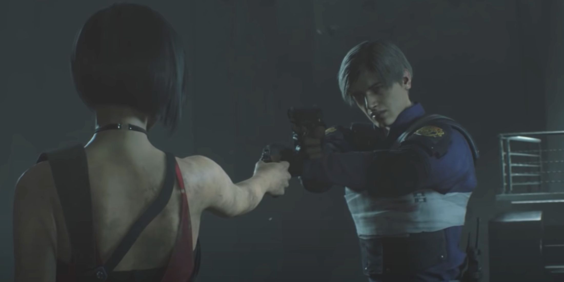 Leon and Ada pointing guns at one another