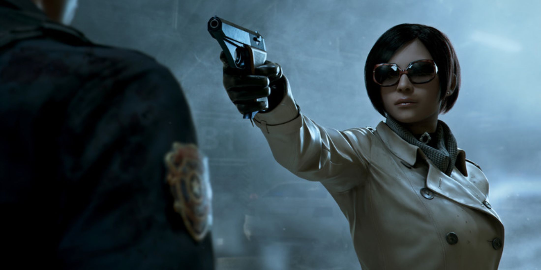 Ada Wong wearing a trench coat and glasses pointing a gun at Leon