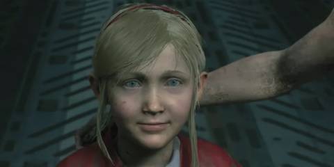 Claire with her arm around young Sherry Birkin in Resident Evil 2
