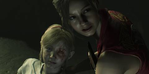 Resident Evil 2 Claire Redfield kneeling next to an infected Sherry Birkin