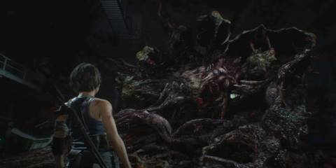 Jill Valentine standing before Stage 3 Nemesis