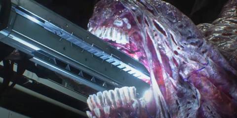 Jill shoving the barrel of the rail gun into Nemesis' mouth