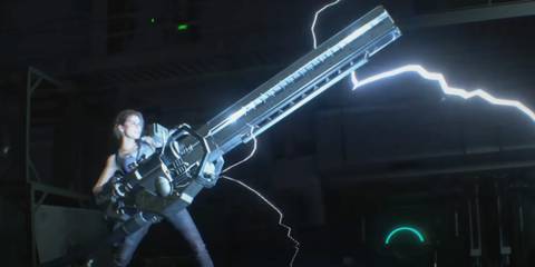 Jill Valentine wielding the rail gun in Resident Evil 3