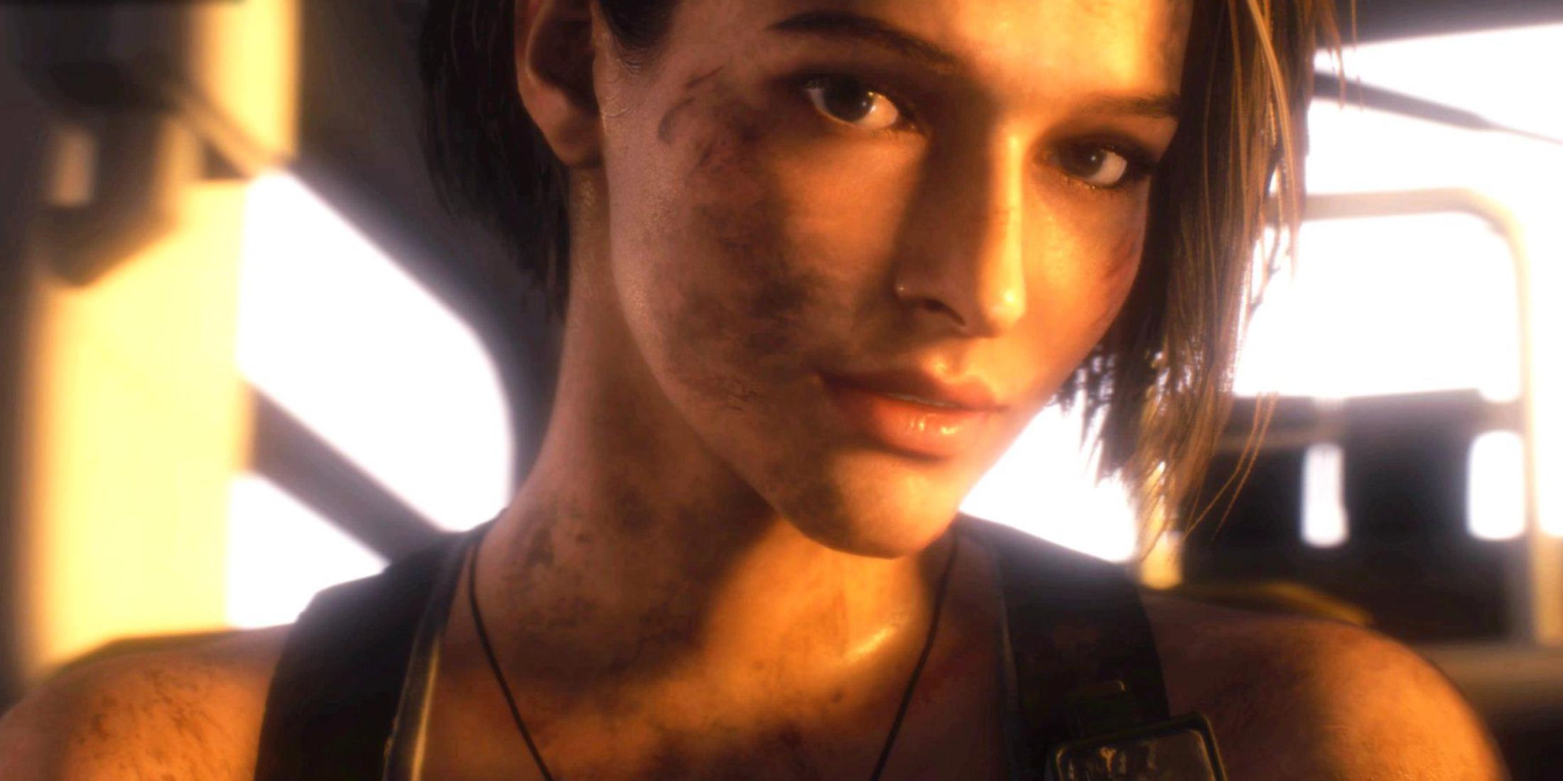 A close-up of Jill Valentine sitting in the helicopter and bathed in sunlight