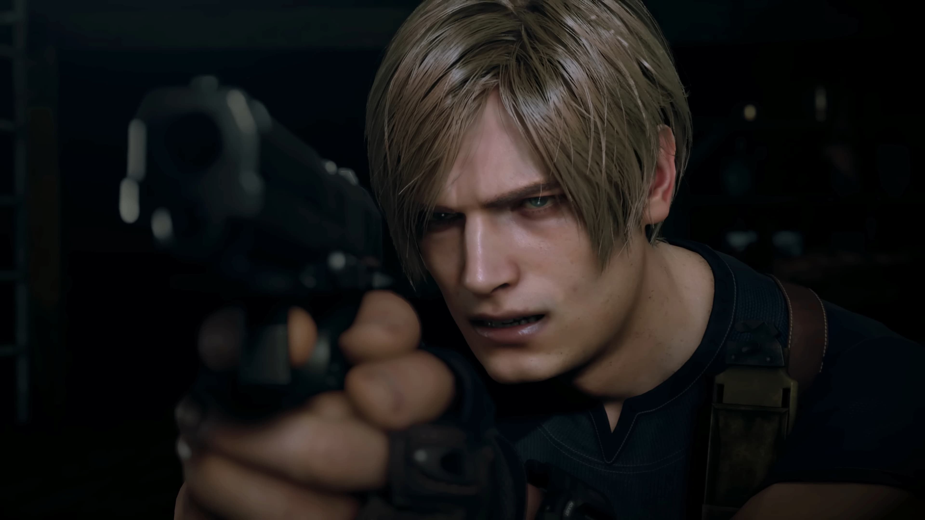 Leon pointing his pistol during the RE4 Remake Launch Trailer