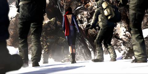Resident Evil 6 Carla walking through the snow, followed by armed men