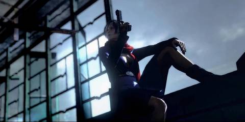 Resident Evil 6 Carla perched on ledge, holding her gun upwards