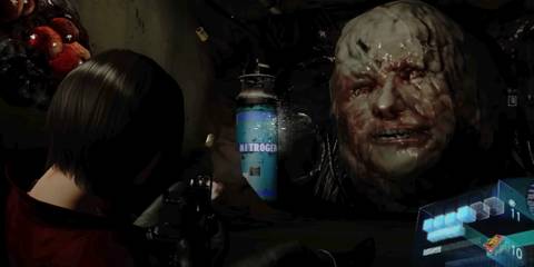 Ada Wong shooting a tank of nitrogen next to Carla Radames' disfigured face